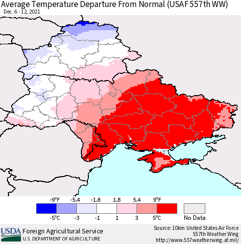 Ukraine, Moldova and Belarus Average Temperature Departure from Normal (USAF 557th WW) Thematic Map For 12/6/2021 - 12/12/2021