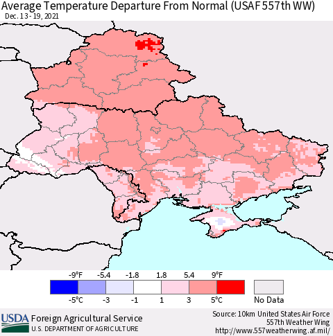 Ukraine, Moldova and Belarus Average Temperature Departure From Normal (USAF 557th WW) Thematic Map For 12/13/2021 - 12/19/2021