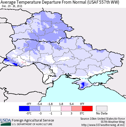 Ukraine, Moldova and Belarus Average Temperature Departure from Normal (USAF 557th WW) Thematic Map For 12/20/2021 - 12/26/2021