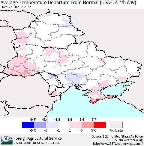 Ukraine, Moldova and Belarus Average Temperature Departure from Normal (USAF 557th WW) Thematic Map For 12/27/2021 - 1/2/2022