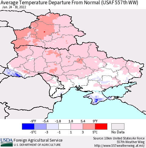 Ukraine, Moldova and Belarus Average Temperature Departure from Normal (USAF 557th WW) Thematic Map For 1/24/2022 - 1/30/2022