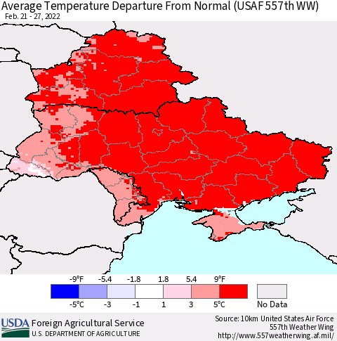 Ukraine, Moldova and Belarus Average Temperature Departure from Normal (USAF 557th WW) Thematic Map For 2/21/2022 - 2/27/2022