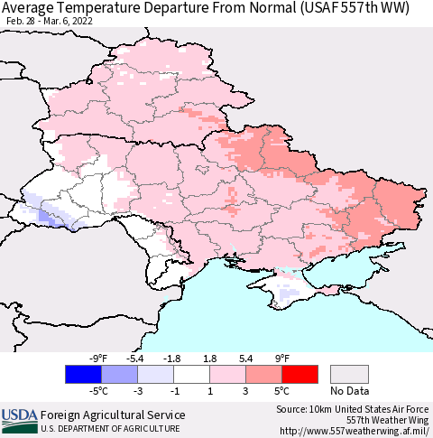 Ukraine, Moldova and Belarus Average Temperature Departure from Normal (USAF 557th WW) Thematic Map For 2/28/2022 - 3/6/2022