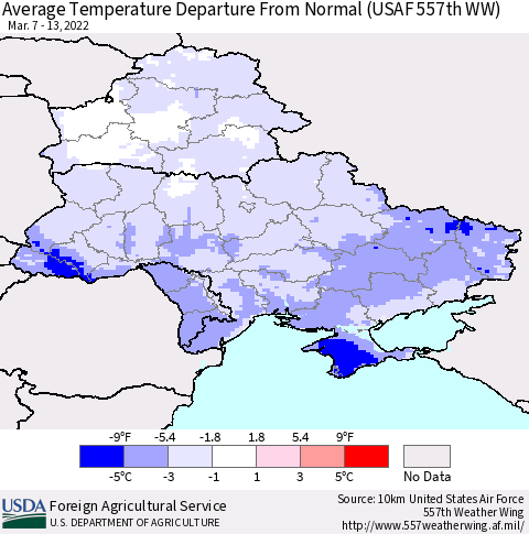 Ukraine, Moldova and Belarus Average Temperature Departure from Normal (USAF 557th WW) Thematic Map For 3/7/2022 - 3/13/2022