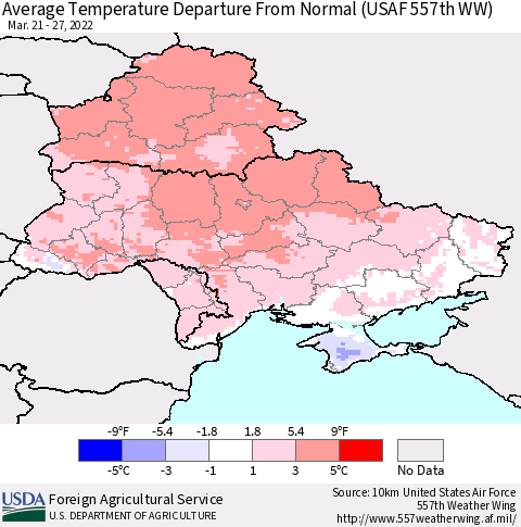 Ukraine, Moldova and Belarus Average Temperature Departure From Normal (USAF 557th WW) Thematic Map For 3/21/2022 - 3/27/2022