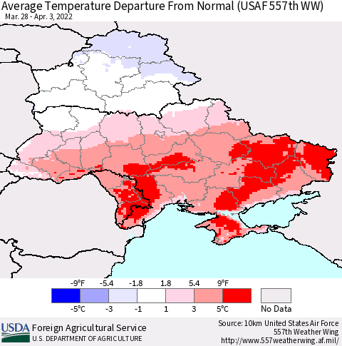 Ukraine, Moldova and Belarus Average Temperature Departure from Normal (USAF 557th WW) Thematic Map For 3/28/2022 - 4/3/2022