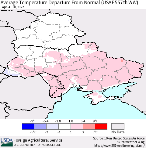 Ukraine, Moldova and Belarus Average Temperature Departure from Normal (USAF 557th WW) Thematic Map For 4/4/2022 - 4/10/2022