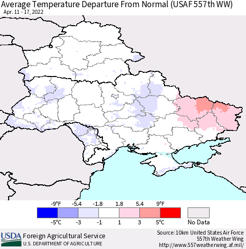 Ukraine, Moldova and Belarus Average Temperature Departure from Normal (USAF 557th WW) Thematic Map For 4/11/2022 - 4/17/2022