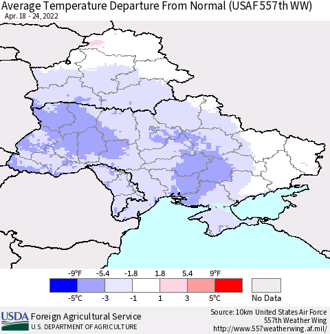 Ukraine, Moldova and Belarus Average Temperature Departure from Normal (USAF 557th WW) Thematic Map For 4/18/2022 - 4/24/2022