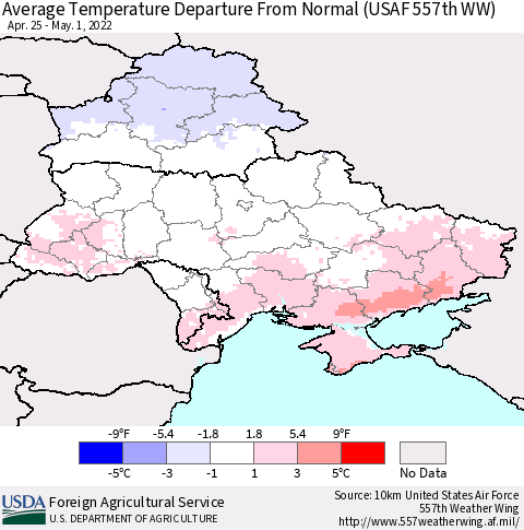 Ukraine, Moldova and Belarus Average Temperature Departure from Normal (USAF 557th WW) Thematic Map For 4/25/2022 - 5/1/2022