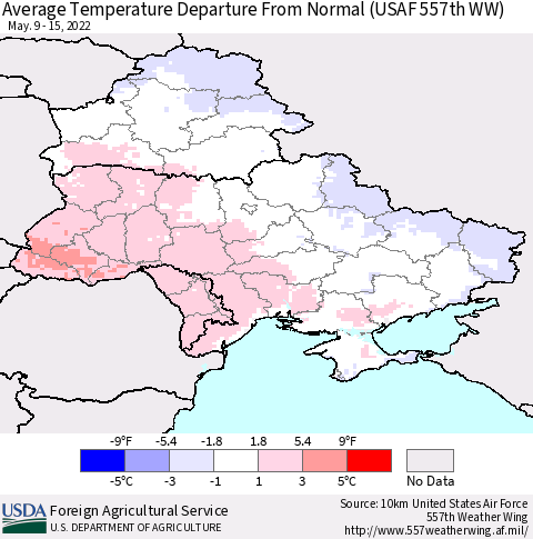 Ukraine, Moldova and Belarus Average Temperature Departure from Normal (USAF 557th WW) Thematic Map For 5/9/2022 - 5/15/2022