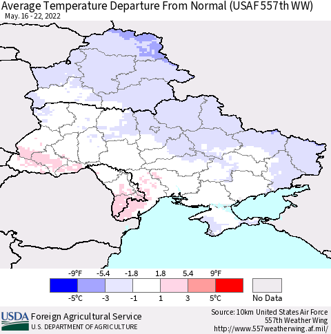 Ukraine, Moldova and Belarus Average Temperature Departure from Normal (USAF 557th WW) Thematic Map For 5/16/2022 - 5/22/2022