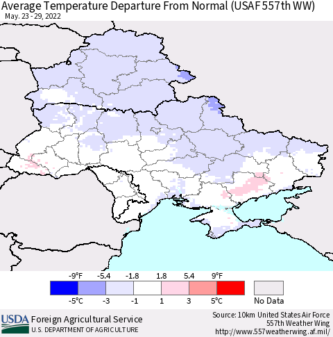 Ukraine, Moldova and Belarus Average Temperature Departure from Normal (USAF 557th WW) Thematic Map For 5/23/2022 - 5/29/2022