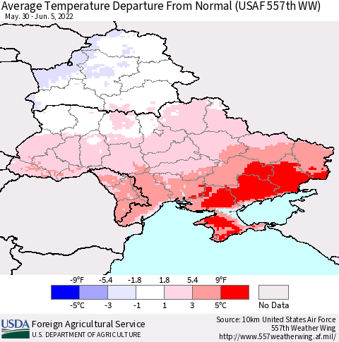Ukraine, Moldova and Belarus Average Temperature Departure from Normal (USAF 557th WW) Thematic Map For 5/30/2022 - 6/5/2022