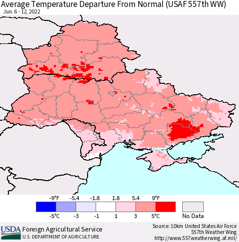 Ukraine, Moldova and Belarus Average Temperature Departure from Normal (USAF 557th WW) Thematic Map For 6/6/2022 - 6/12/2022