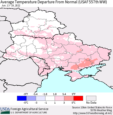 Ukraine, Moldova and Belarus Average Temperature Departure from Normal (USAF 557th WW) Thematic Map For 6/13/2022 - 6/19/2022