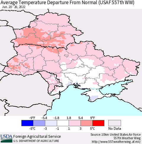 Ukraine, Moldova and Belarus Average Temperature Departure from Normal (USAF 557th WW) Thematic Map For 6/20/2022 - 6/26/2022