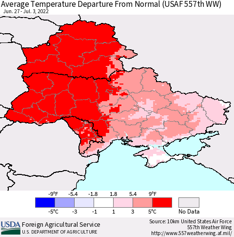 Ukraine, Moldova and Belarus Average Temperature Departure from Normal (USAF 557th WW) Thematic Map For 6/27/2022 - 7/3/2022