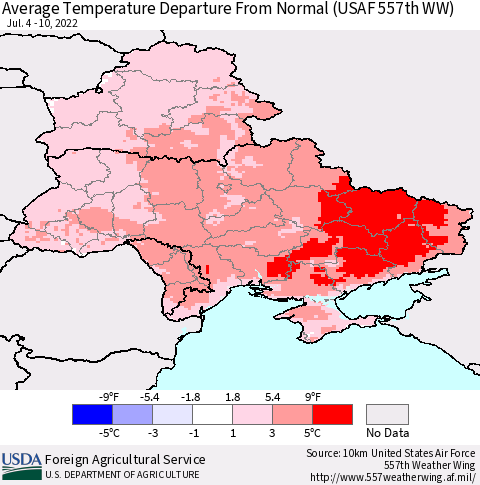 Ukraine, Moldova and Belarus Average Temperature Departure From Normal (USAF 557th WW) Thematic Map For 7/4/2022 - 7/10/2022