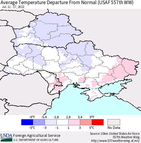 Ukraine, Moldova and Belarus Average Temperature Departure From Normal (USAF 557th WW) Thematic Map For 7/11/2022 - 7/17/2022
