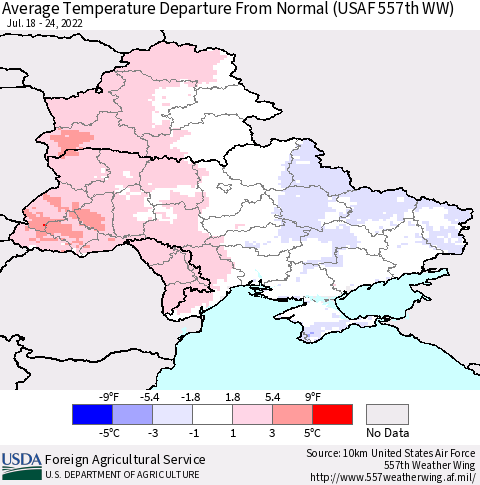 Ukraine, Moldova and Belarus Average Temperature Departure from Normal (USAF 557th WW) Thematic Map For 7/18/2022 - 7/24/2022