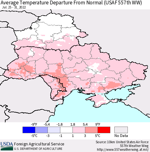 Ukraine, Moldova and Belarus Average Temperature Departure from Normal (USAF 557th WW) Thematic Map For 7/25/2022 - 7/31/2022