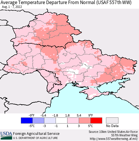 Ukraine, Moldova and Belarus Average Temperature Departure from Normal (USAF 557th WW) Thematic Map For 8/1/2022 - 8/7/2022