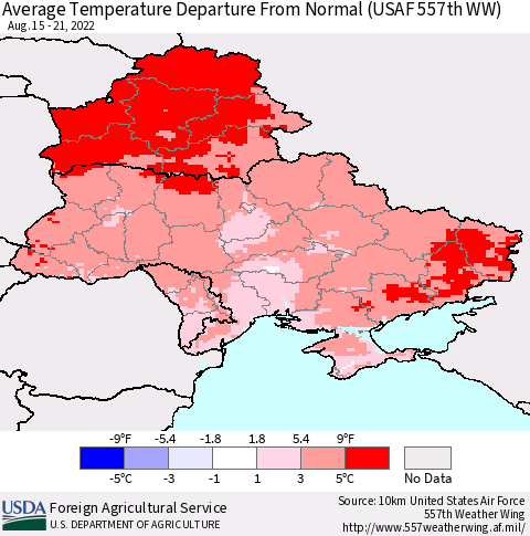 Ukraine, Moldova and Belarus Average Temperature Departure from Normal (USAF 557th WW) Thematic Map For 8/15/2022 - 8/21/2022