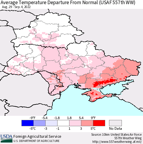 Ukraine, Moldova and Belarus Average Temperature Departure From Normal (USAF 557th WW) Thematic Map For 8/29/2022 - 9/4/2022