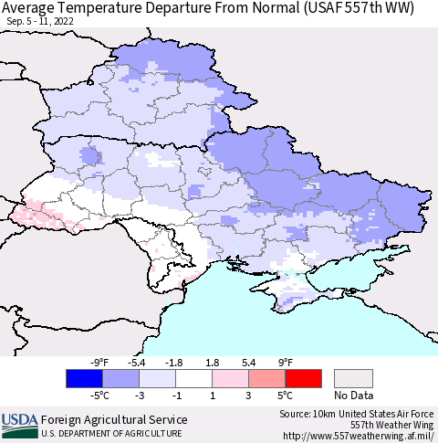 Ukraine, Moldova and Belarus Average Temperature Departure from Normal (USAF 557th WW) Thematic Map For 9/5/2022 - 9/11/2022