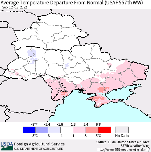 Ukraine, Moldova and Belarus Average Temperature Departure from Normal (USAF 557th WW) Thematic Map For 9/12/2022 - 9/18/2022
