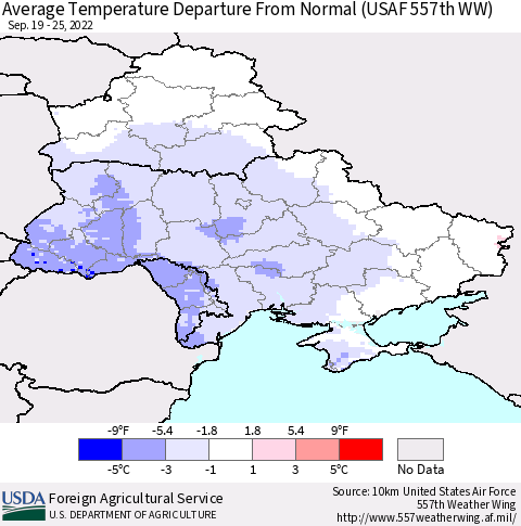 Ukraine, Moldova and Belarus Average Temperature Departure from Normal (USAF 557th WW) Thematic Map For 9/19/2022 - 9/25/2022