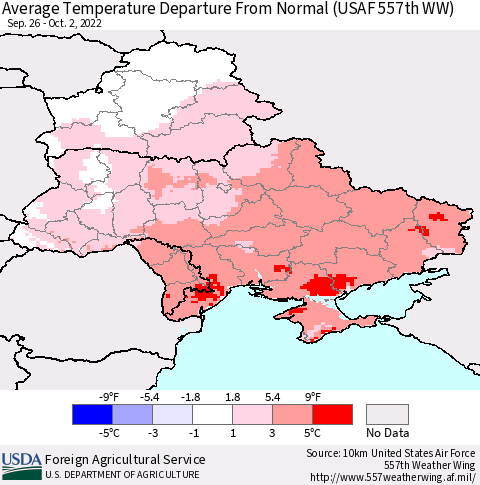 Ukraine, Moldova and Belarus Average Temperature Departure from Normal (USAF 557th WW) Thematic Map For 9/26/2022 - 10/2/2022