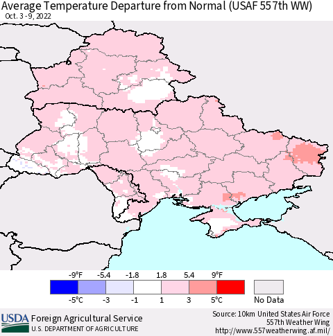 Ukraine, Moldova and Belarus Average Temperature Departure from Normal (USAF 557th WW) Thematic Map For 10/3/2022 - 10/9/2022