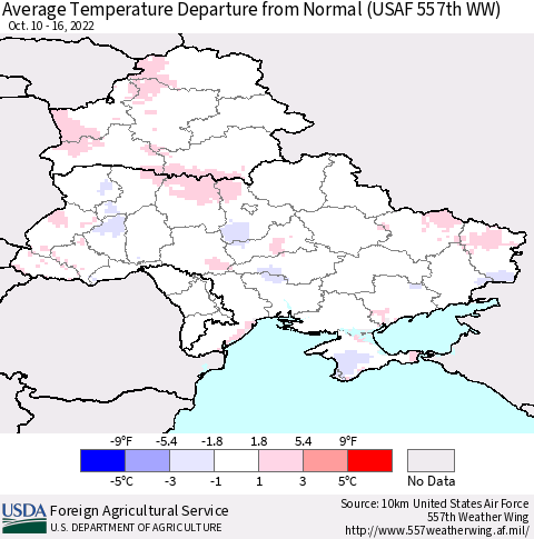 Ukraine, Moldova and Belarus Average Temperature Departure from Normal (USAF 557th WW) Thematic Map For 10/10/2022 - 10/16/2022