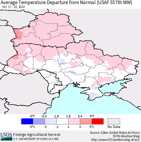 Ukraine, Moldova and Belarus Average Temperature Departure from Normal (USAF 557th WW) Thematic Map For 10/17/2022 - 10/23/2022