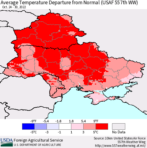 Ukraine, Moldova and Belarus Average Temperature Departure from Normal (USAF 557th WW) Thematic Map For 10/24/2022 - 10/30/2022