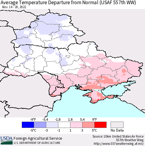 Ukraine, Moldova and Belarus Average Temperature Departure from Normal (USAF 557th WW) Thematic Map For 11/14/2022 - 11/20/2022