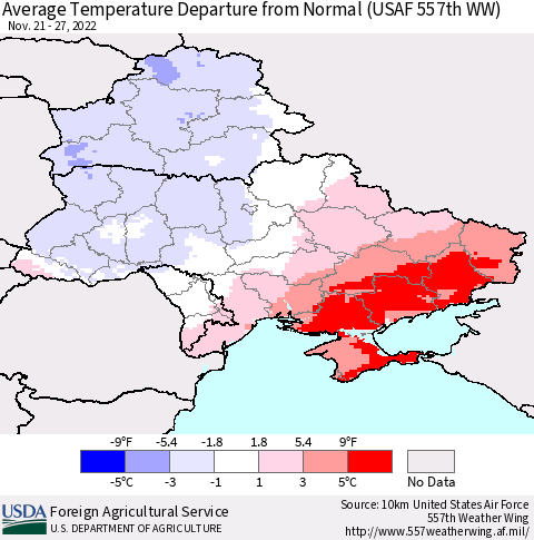 Ukraine, Moldova and Belarus Average Temperature Departure from Normal (USAF 557th WW) Thematic Map For 11/21/2022 - 11/27/2022