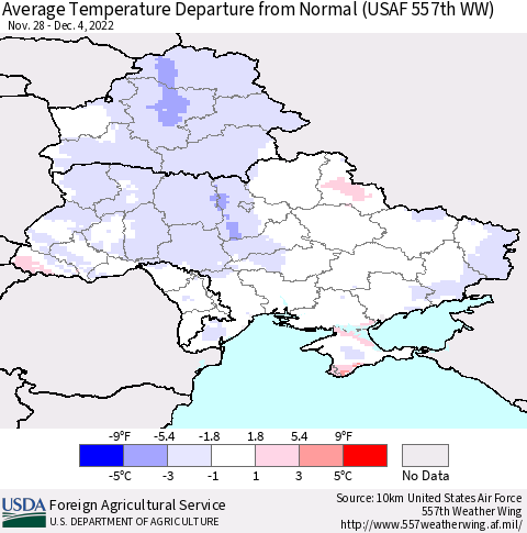 Ukraine, Moldova and Belarus Average Temperature Departure from Normal (USAF 557th WW) Thematic Map For 11/28/2022 - 12/4/2022
