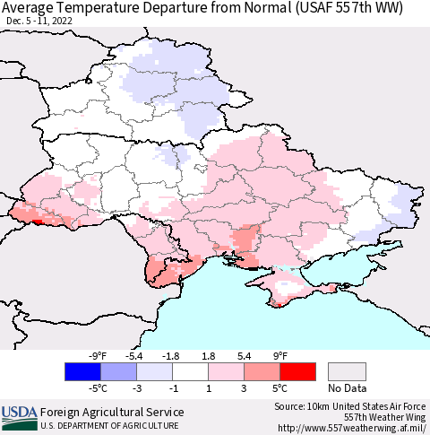 Ukraine, Moldova and Belarus Average Temperature Departure from Normal (USAF 557th WW) Thematic Map For 12/5/2022 - 12/11/2022