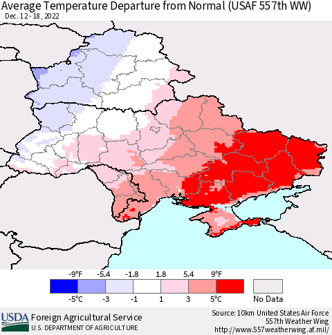 Ukraine, Moldova and Belarus Average Temperature Departure from Normal (USAF 557th WW) Thematic Map For 12/12/2022 - 12/18/2022