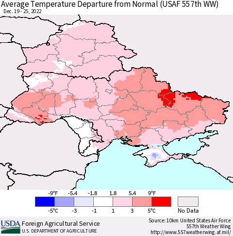 Ukraine, Moldova and Belarus Average Temperature Departure from Normal (USAF 557th WW) Thematic Map For 12/19/2022 - 12/25/2022