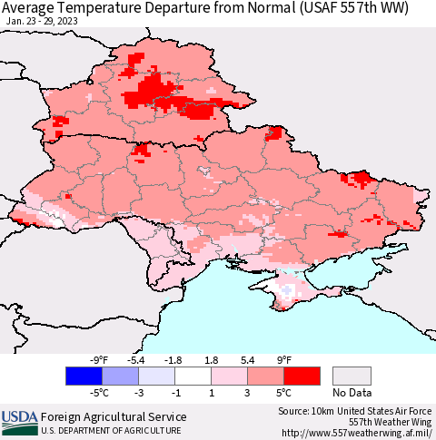 Ukraine, Moldova and Belarus Average Temperature Departure from Normal (USAF 557th WW) Thematic Map For 1/23/2023 - 1/29/2023