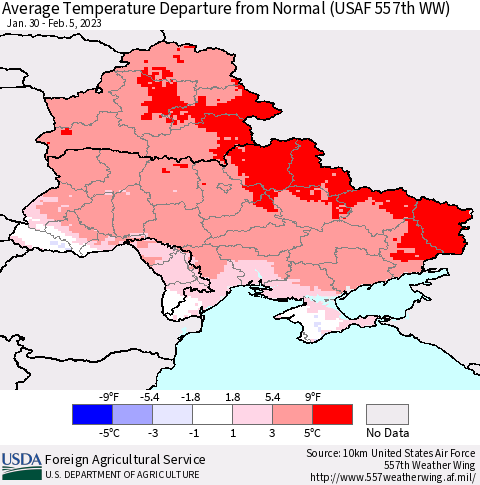 Ukraine, Moldova and Belarus Average Temperature Departure from Normal (USAF 557th WW) Thematic Map For 1/30/2023 - 2/5/2023