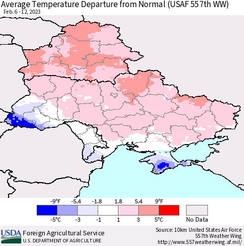 Ukraine, Moldova and Belarus Average Temperature Departure from Normal (USAF 557th WW) Thematic Map For 2/6/2023 - 2/12/2023