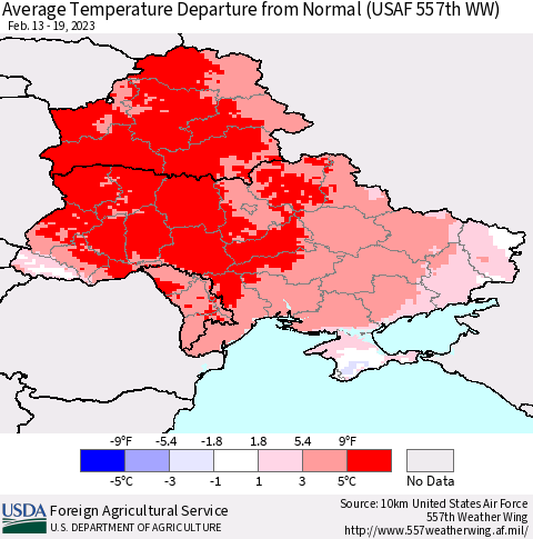 Ukraine, Moldova and Belarus Average Temperature Departure from Normal (USAF 557th WW) Thematic Map For 2/13/2023 - 2/19/2023