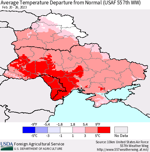 Ukraine, Moldova and Belarus Average Temperature Departure from Normal (USAF 557th WW) Thematic Map For 2/20/2023 - 2/26/2023