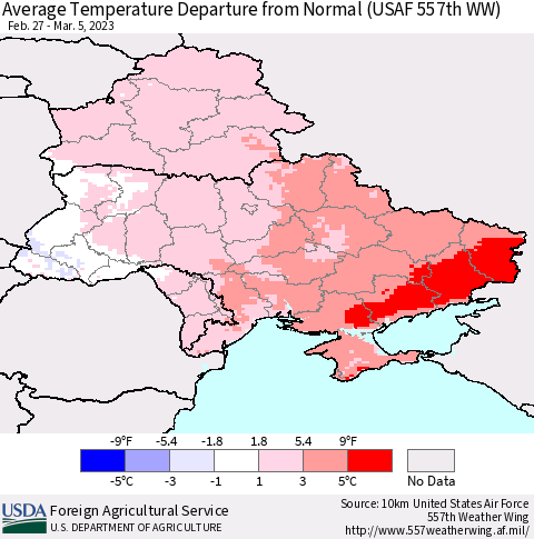 Ukraine, Moldova and Belarus Average Temperature Departure from Normal (USAF 557th WW) Thematic Map For 2/27/2023 - 3/5/2023
