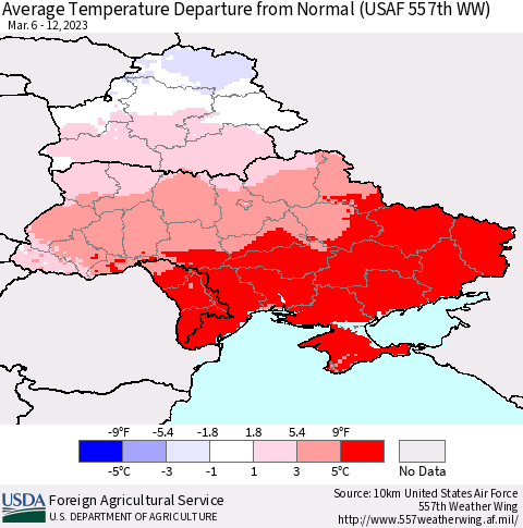 Ukraine, Moldova and Belarus Average Temperature Departure from Normal (USAF 557th WW) Thematic Map For 3/6/2023 - 3/12/2023